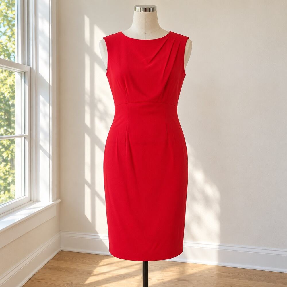 Brooks Brothers Women’s Red Sheath Dress S.8 Sleeveless Pleated Neck Work Career